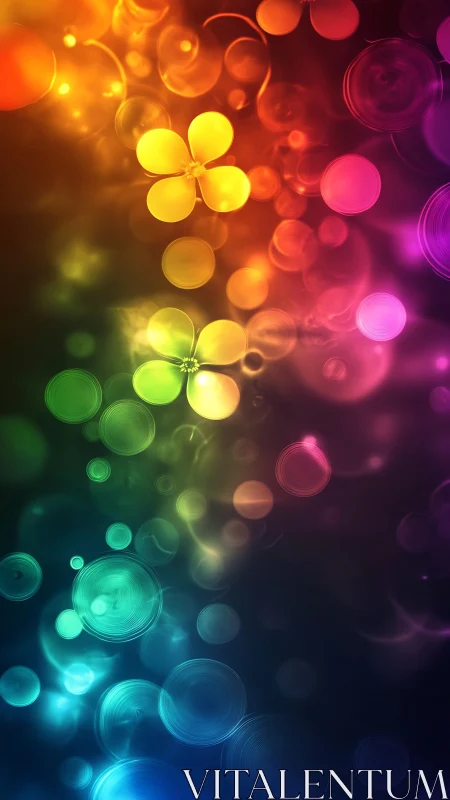 Prismatic bloomscape of glowing petals and circling light halos.