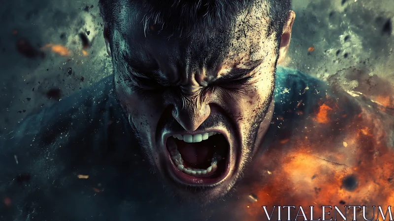 Explosive close-up portrait isolates male scream in dynamic debris field