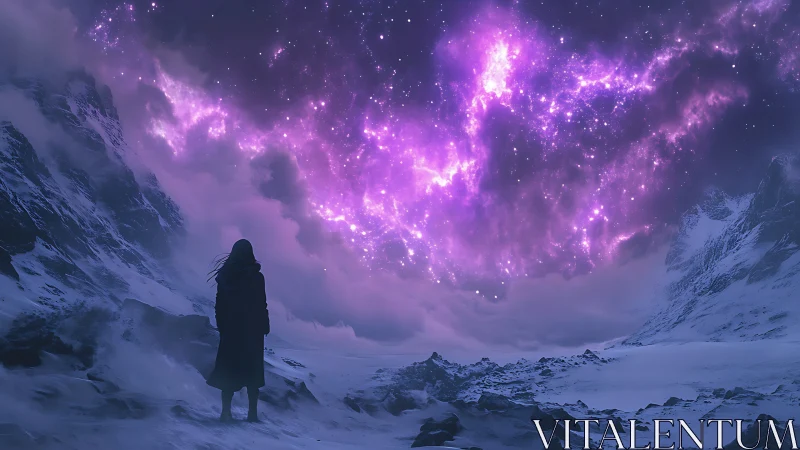 Solitary figure surveys glacial valley under luminous purple nebula