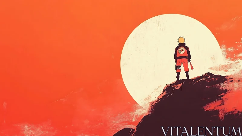 Backlit ninja silhouette on rocky summit against solar disc.