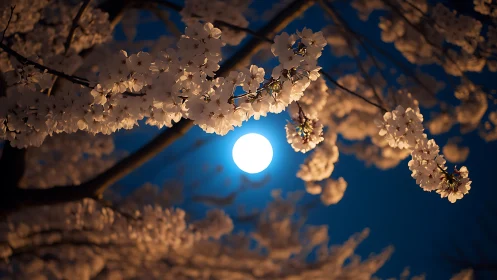 Moonlit cherry blossoms cradle a glowing midnight pearl.
