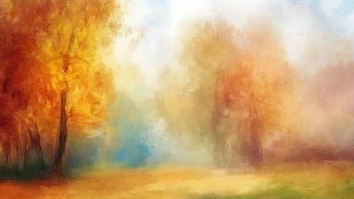 Autumn trees glow in soft morning mist over blurred meadow