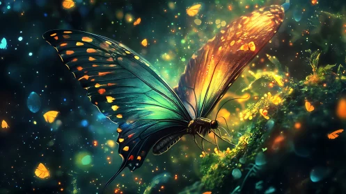 Bioluminescent butterfly rendered with high-saturation bokeh field