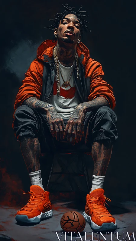 Tattooed man in orange streetwear sits over a basketball