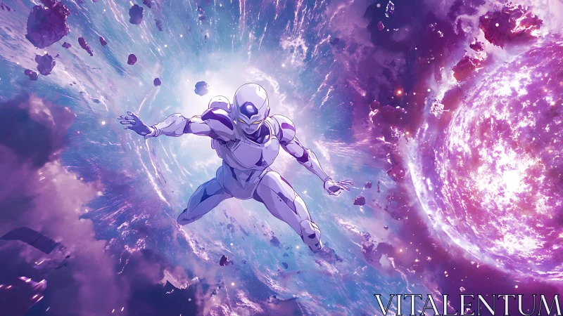 Starlit quantum diver surfs a violet supernova storm.