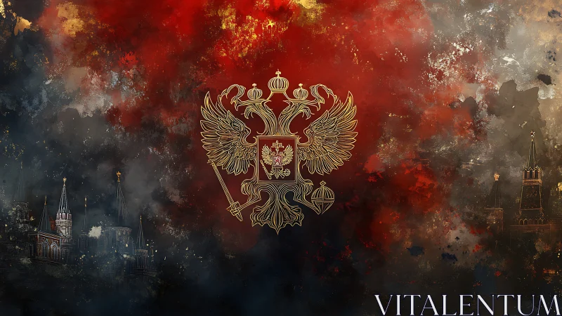 Russian double-headed eagle over abstract Kremlin skyline.