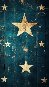 Aged golden stars aligned on distressed teal wooden planks