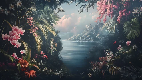 Secret lagoon framed by lush blossoms and distant castle.