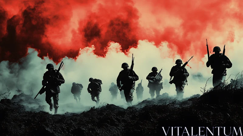 Silhouetted infantry squad advancing through red toxic smoke field