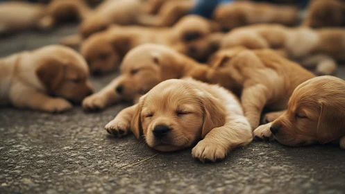 Shallow-depth composition captures golden puppies sleeping on rough asphalt