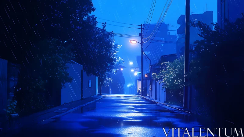 Rainy urban street glows under blue night illumination