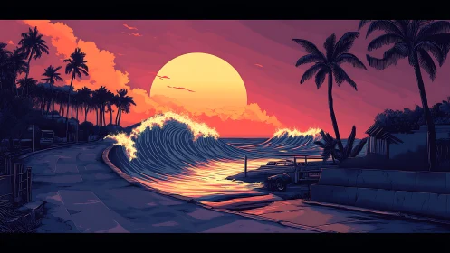 Neon tide curling onto a sunset highway of restless palms.