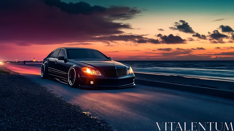 Midnight sedan prowls a neon-tinted oceanfront highway.