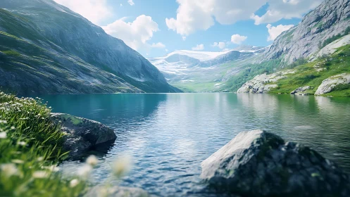 Mountain lake with rocky slopes and distant glacier under sky.