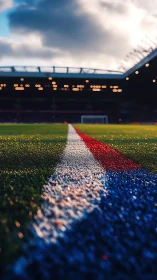Low-angle macro view of painted football pitch center line