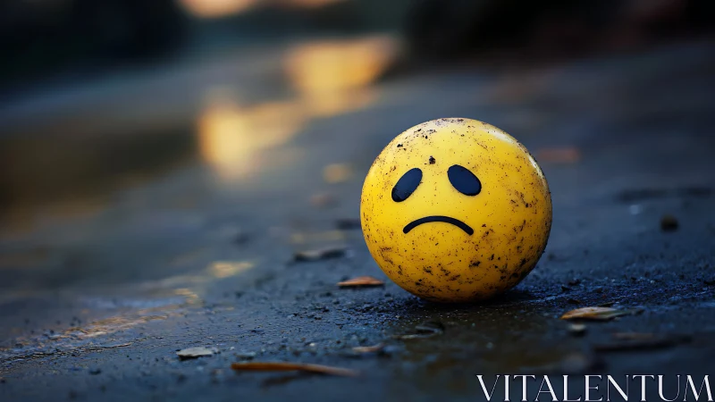 Yellow ball with sad face on wet ground at close range.