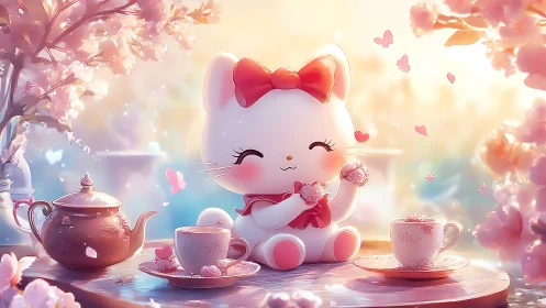 Cute white cat enjoys pastel cherry blossom tea party.