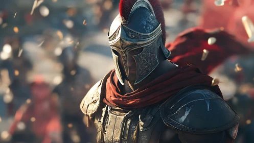 Armored warrior in ornate helmet amid cinematic battle field.