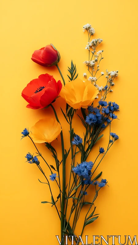 Vibrant Floral Arrangement on Yellow Background.