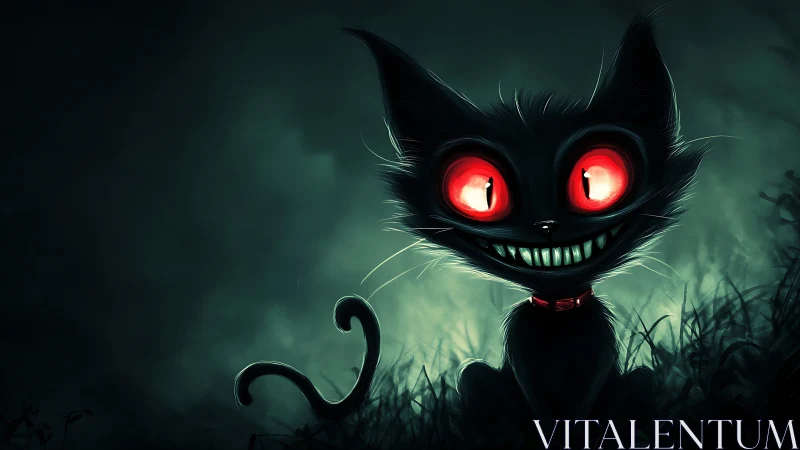 Wide-eyed black cat with glowing grin in eerie light.