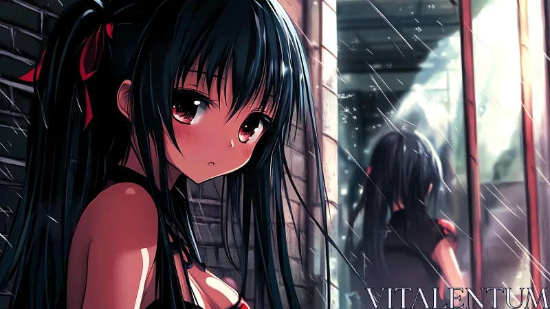 Rain-soaked alley girl with reflective window gaze at dusk.