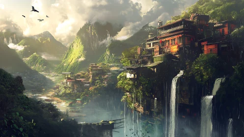 Mountain temple city clings to cliffs above misty waterfalls.