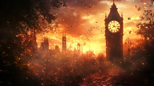 Clock tower at sunset amid glowing urban foliage scene.