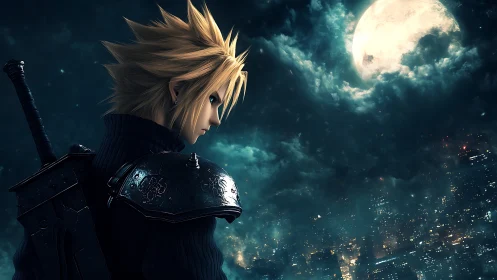 Spiky haired warrior over dystopian city under full moon