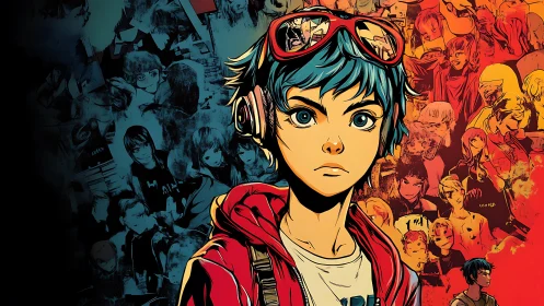 Urban anime youth amid chaotic crowd collage background.