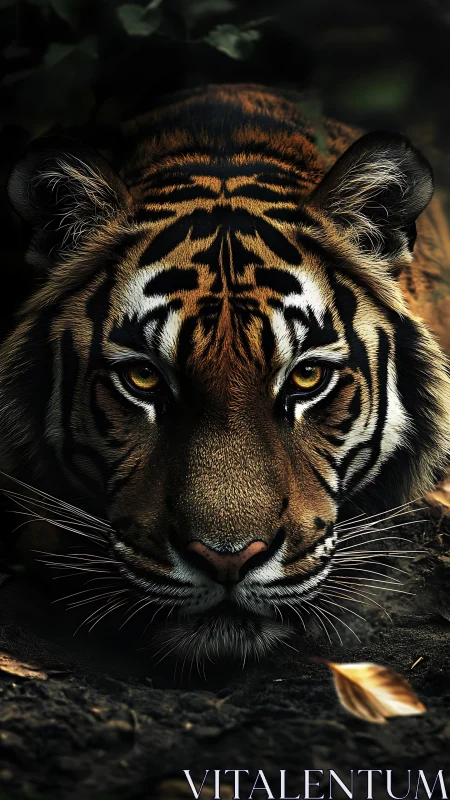 Low-angle stalking tiger portrait with dramatic chiaroscuro lighting