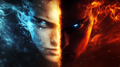 Dual elemental face glows with fierce fire and icy energy