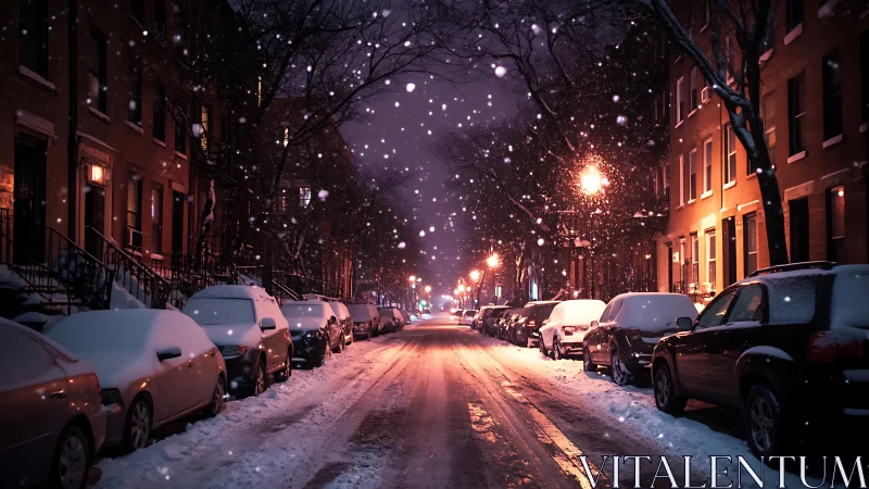 Snowy city street at night with parked cars glowing softly.