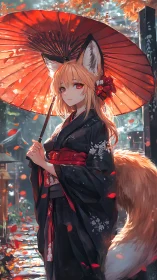 Fox-eared shrine maiden under vermilion parasol in autumn.