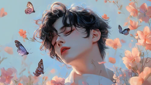 Dreamy youth amid butterflies and coral blossoms at dawn.