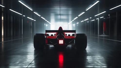 Red formula race car sits centered in a dim tunnel