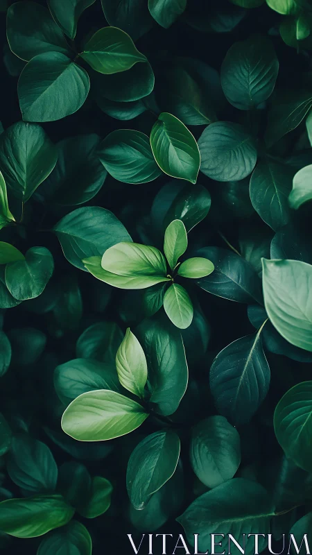 Dense green foliage with layered oval leaves in shadow