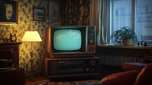 Cozy retro living room glowing around vintage television.