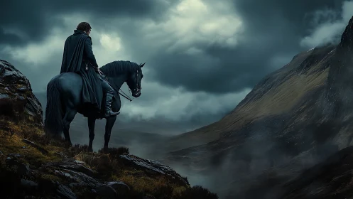 Mounted figure surveys mist-covered valley beneath storm clouds