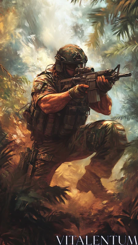 Jungle commando stalks through blazing brushstroke warfare.