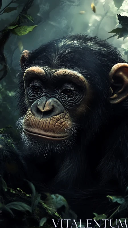 Gentle jungle daydream with a thoughtful young chimpanzee.