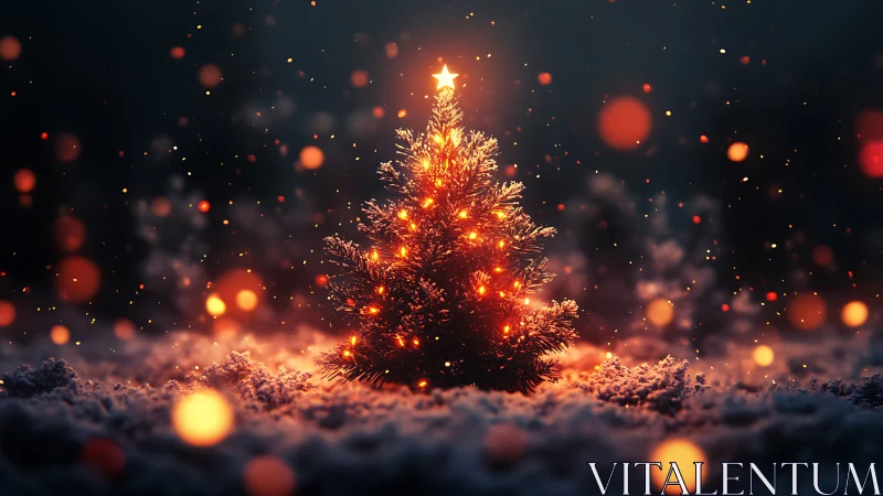 Luminous miniature Christmas tree in snow with bokeh fireflies.