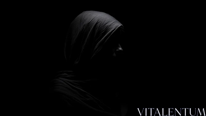 Shrouded silhouette emerges from deep negative space shadow