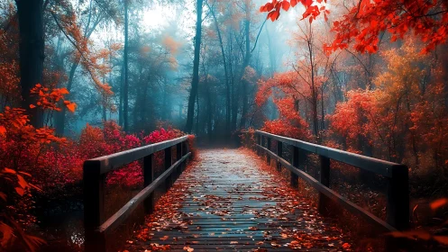 Wooden bridge crosses foggy forest path in vivid autumn