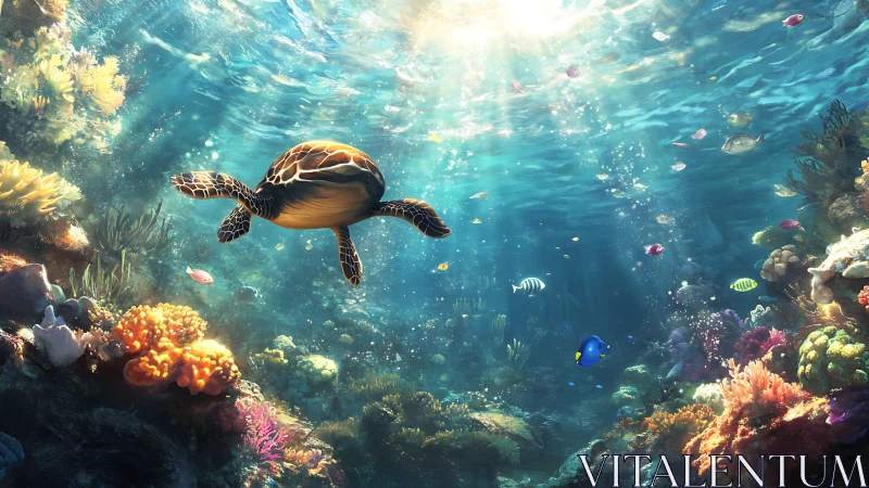 Sunlit turtle glides through a coral kingdom of color