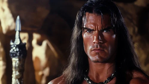 Warrior portrait with intense gaze in rocky cavern.