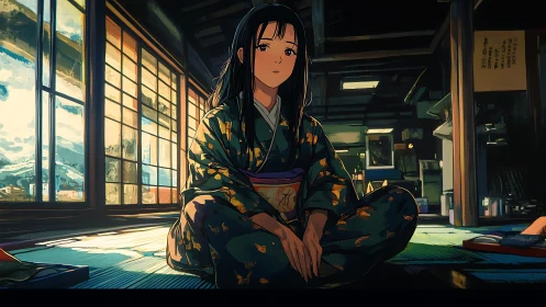 Kimono quietude in sunlit tatami room of drifting memories.