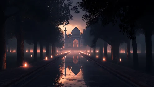 Taj Mahal rendered at dusk with canal reflections and lights