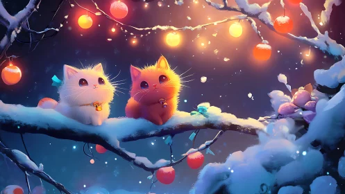 Two Enchanted Cats Share Luminous Winter Dreams Under Glowing Orbs.