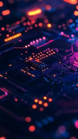 Neon circuit board glows with vivid bokeh and depth