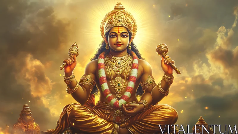 Digital painting of radiant Hindu deity in celestial throne pose.